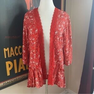 Maurices Versatile Red White Floral with Red Knit Lace Open Robe Jacket Sz M